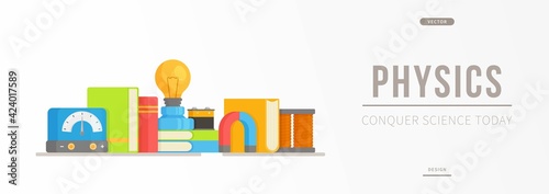 Physical Banner. Vector illustration of a physics lesson online. Site for teaching physical forces.