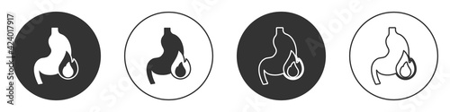 Black Stomach heartburn icon isolated on white background. Stomach burn. Gastritis and acid reflux, indigestion and stomach pain problems. Circle button. Vector