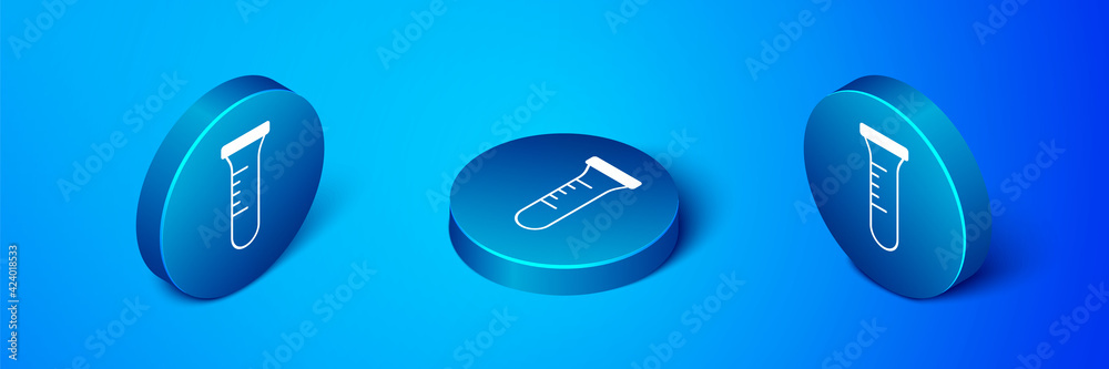 Isometric Test tube and flask chemical laboratory test icon isolated on blue background. Laboratory glassware sign. Blue circle button. Vector Isometric Test tube and flask chemical laboratory test icon isolated on blue background. Laboratory glassware sign. Blue circle button. Vector
