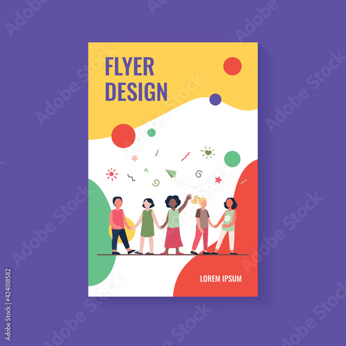 Diverse group of children in kindergarten. Team of African American, Asian, Caucasian boys and girls standing together. Vector illustration for international school, classmates, friendship concept