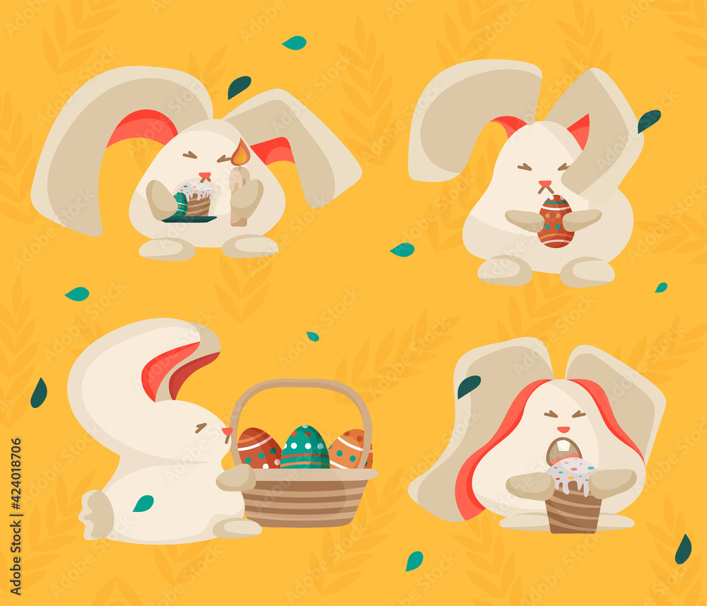 Naklejka premium Set of Easter bunnies with holiday gifts, eggs, candle, basket.
