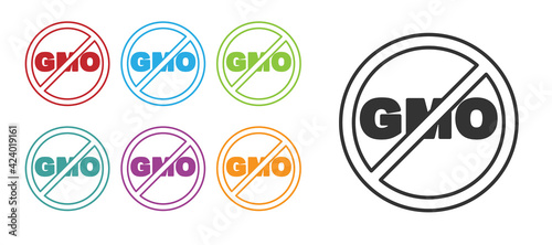 Black No GMO icon isolated on white background. Genetically modified organism acronym. Dna food modification. Set icons colorful. Vector