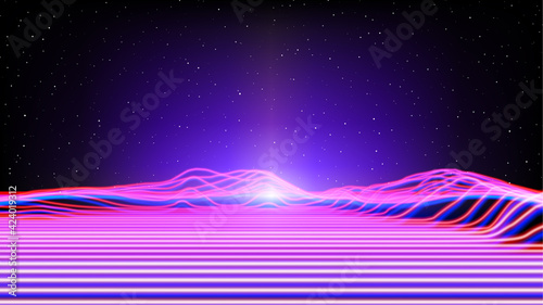Synthwave or vaporwave abstract landscape with neon light rays terrain in retro space. 80s or 90s styled background with shiny neon mountain lines.