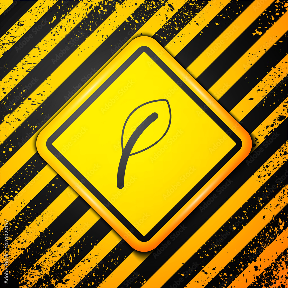 Black Leaf icon isolated on yellow background. Leaves sign. Fresh natural product symbol. Warning sign. Vector Black Leaf icon isolated on yellow background. Leaves sign. Fresh natural product symbol. Warning sign. Vector