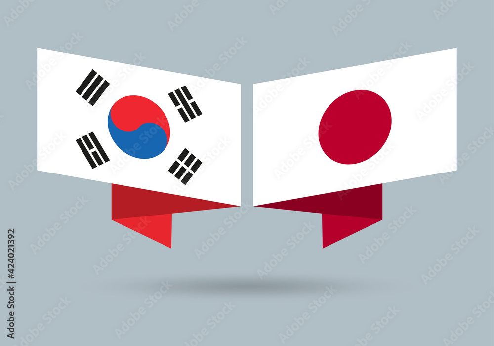 South Korea and Japan flags. Japanese and Korean national symbols