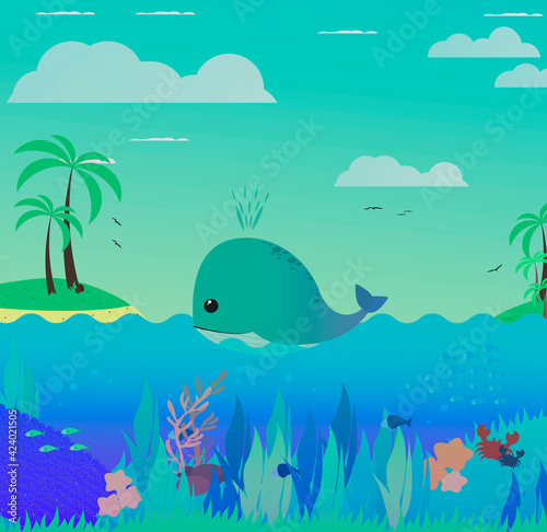 Children's cute illustration. The whale swims in the ocean. Nature under water with fish, corals, crabs, starfish.