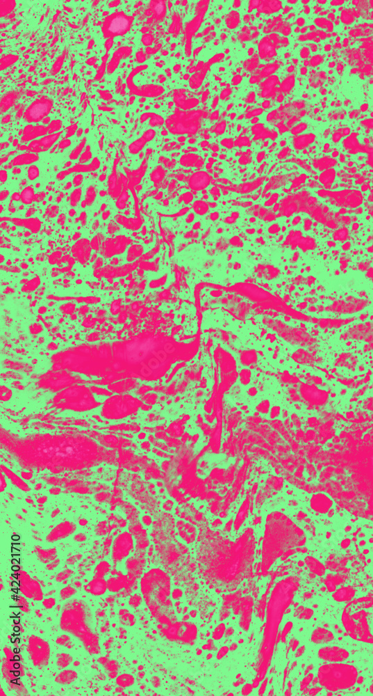 Abstract art background pink fluid paint streaming over green neon surface watercolor technique illustration
