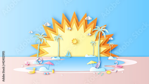Paper art of summer sea beach scenery with beach equipment and sunshine background. Sea landscape. Summer time. Paper cut and craft style. vector, illustration.