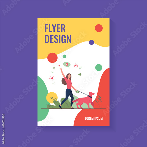 Faceless happy woman walking with dog in park isolated flat vector illustration. Girl with pet on leash strolling at nature and waving. Animal, lifestyle and everyday activity concept