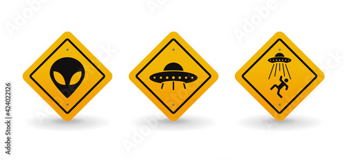 Alien and UFO warning road sign collection set, vector illustration