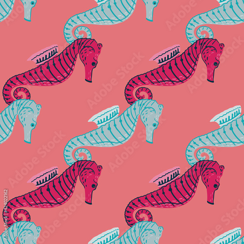Abstract underwater fauna seamless pattern with pink and blue seahorse silhouettes. Pink pastel background.