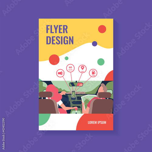Driver and passenger navigating on road within map and mobile app. Back view of people inside car interior. Vector illustration for navigation, driving, travel, transportation concept