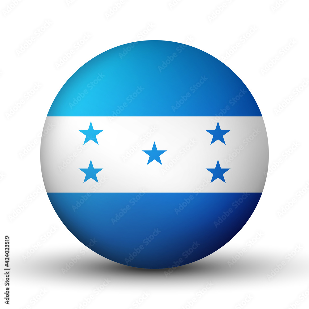 Glass light ball with flag of Honduras. Round sphere, template icon. national symbol. Glossy realistic ball, 3D abstract vector illustration highlighted on a white background. Big bubble Glass light ball with flag of Honduras. Round sphere, template icon. national symbol. Glossy realistic ball, 3D abstract vector illustration highlighted on a white background. Big bubble