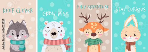 Set of cute little cartoon arctic animals wearing scarves