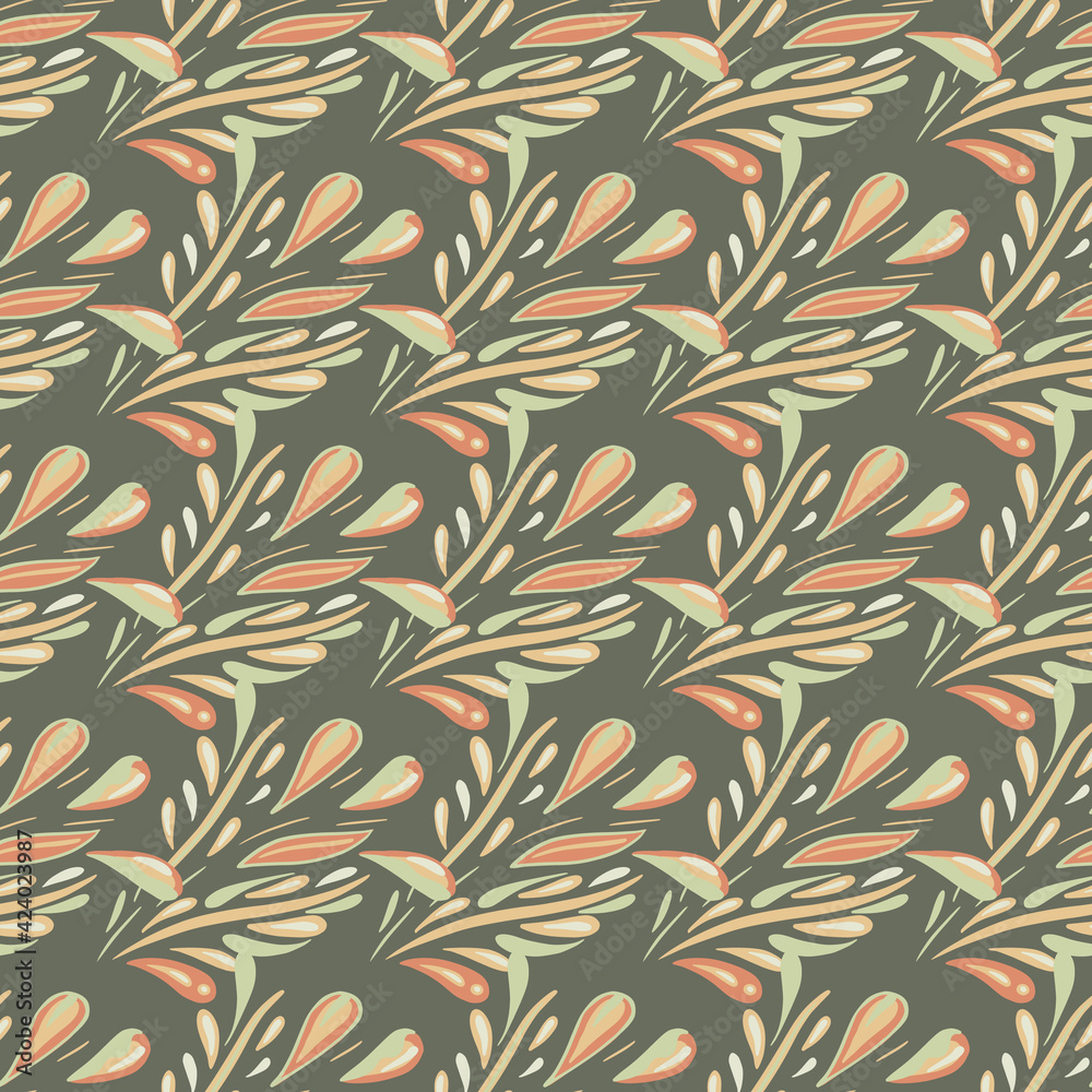 custom made wallpaper toronto digitalOrange pale tones foliage leaves silhouettes ornament. Pale dark grey background. Botanic floral backdrop.