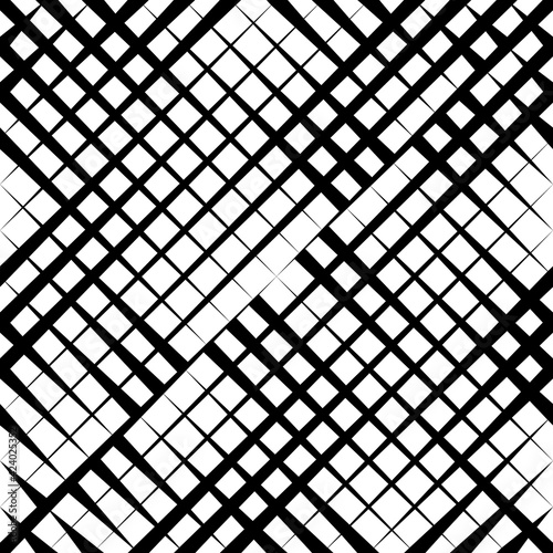 Fade halftone stripe. Diagonal geometric seamless pattern. Cross grid hatch line. Half tone texture. Grating lines background. Uneven stripes design for prints. Repetition gradation transition. Vector