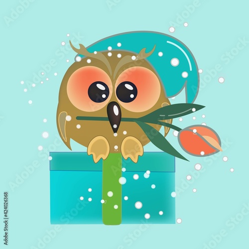 Cute owlet with a tulip in its beak. Cartoon character sitting on a gift box. This is a positive wise bird. Vector isolated illustration on blue background.