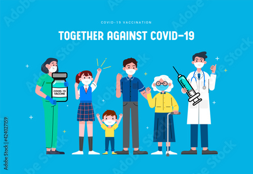 Together Against Covid-19 concept poster vector illustration. People of different ages fight together