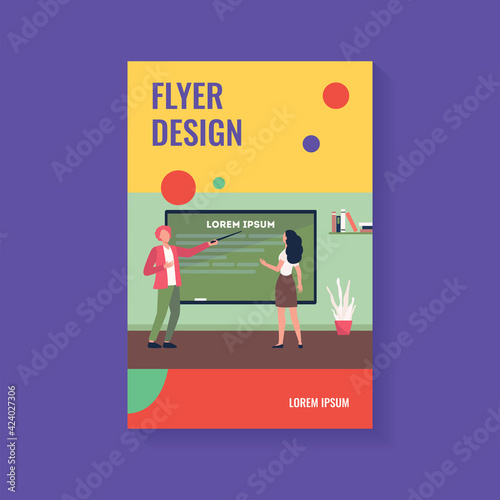 Teacher explaining task to student. Man pointing at blackboard, showing text sample flat vector illustration. Education, class, studying concept for banner, website design or landing web page