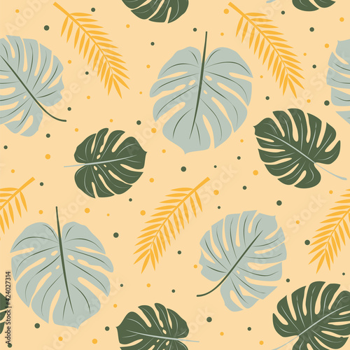 Seamless summer pattern with jungle leaves and dots. Monstera background. Design with tropical  heat  relaxation  exotic plants and vibrant flowers. Vector illustration