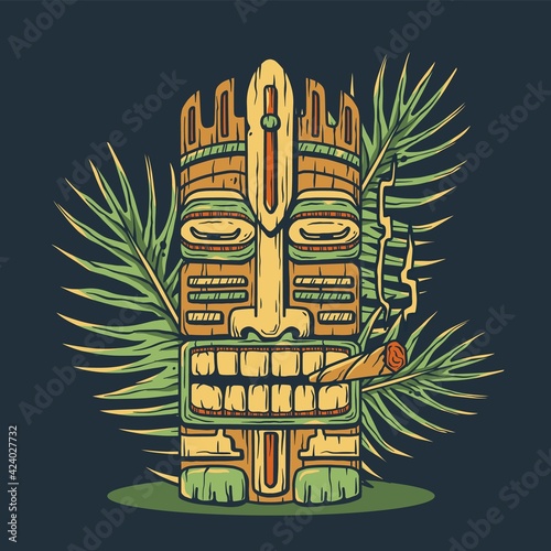 Design of trendy hawaii wooden tiki mask for surfing bar. Traditional ethnic idol and hawaiian surf, maori or polynesian. Old tribal totem with joint