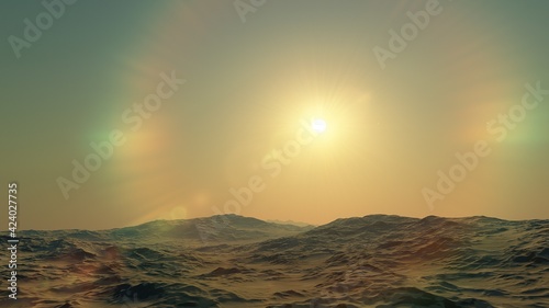 realistic surface of an alien planet, view from the surface of an exo-planet
