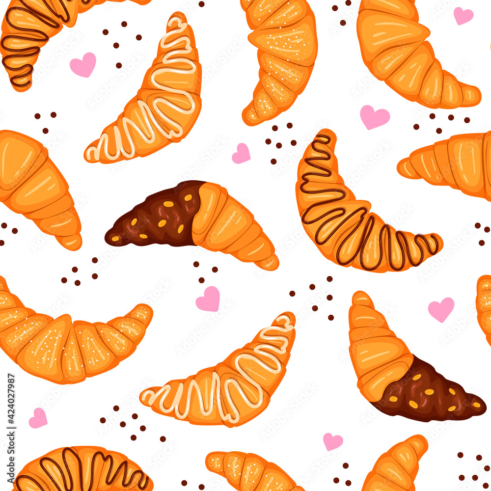 pattern with sweets. Croissants with chocolate, white icing, Cartoon traditional French croissant. Pastries, sweet dessert for breakfast or lunch. Vector illustration. pattern with sweets. Croissants with chocolate, white icing, Cartoon traditional French croissant. Pastries, sweet dessert for breakfast or lunch. Vector illustration.