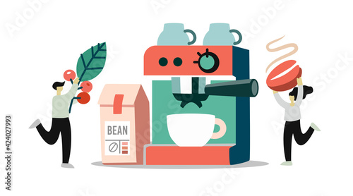  Man and woman making coffee. People work in coffee shop in kitchen with beans