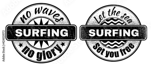 Vintage-style prints with inscriptions  no waves  no glory. And lettering  let the seaset you free. The prints are dedicated to the topic of surfing and sports. all fonts with a free license