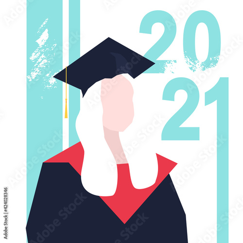 Young woman in square academic cap celebrating 2021 graduation. Vector illustration in flat style.