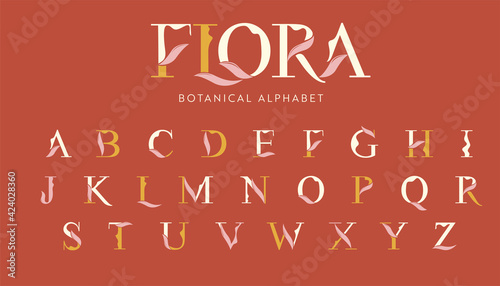 Vector Floral Alphabet with decorative leafs elements. Modern elegance font with uppercase letters. Vector Illustration.
