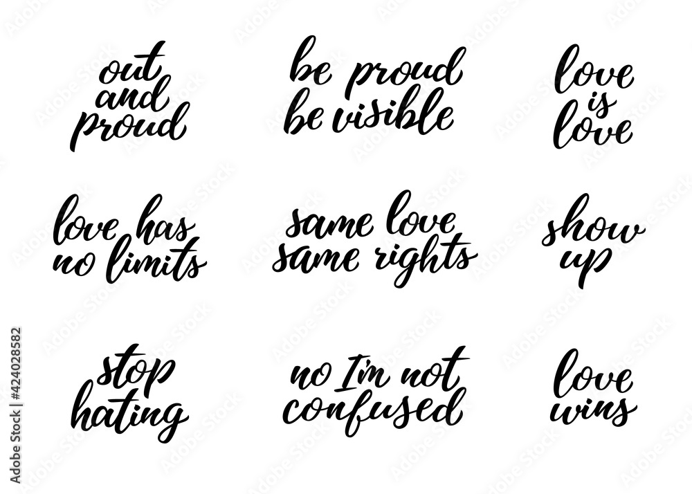 LGBTQ lettering set. Conseptual lgbt rights hand drawn illustrations and calligraphy quotes for posters, stickers, flyers, banners, t-shirt, prints. Festival slogan. LGBTQ lettering set. Conseptual lgbt rights hand drawn illustrations and calligraphy quotes for posters, stickers, flyers, banners, t-shirt, prints. Festival slogan.