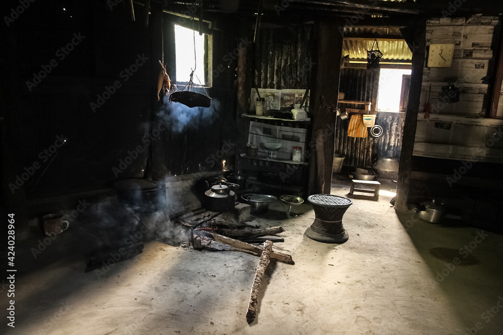 A kitchen inside a village house in Nagaland