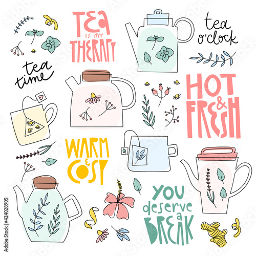 Herbal tea illustration and lettering set. Cute hand drawn doodle elements.
