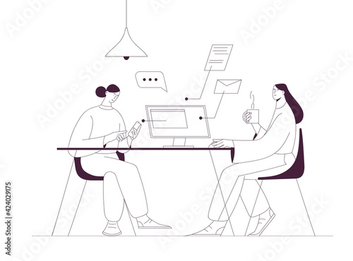 Women working together using computer and smartphone in the office or home office. Outline vector illustration, business and teamwork concept