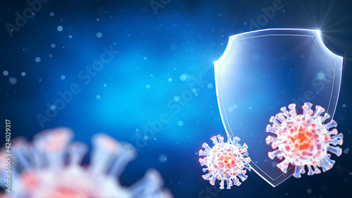COVID-19 virus cell under the microscope. Coronavirus attacks shield with inscription. Coronavirus concept 3D rendering © Roman King