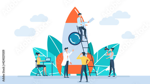 Teamwork on starting a new business. The emergence of the idea. Cooperation of professionals. Business background. Launch of a spaceship. Startup new business project. Vector isolated creative concept