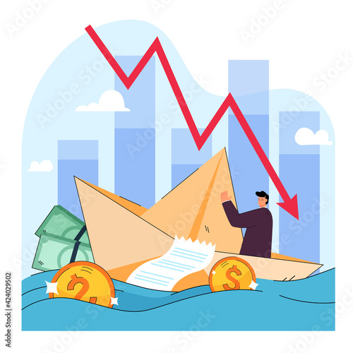 Metaphor of risk, crisis, loss and bankruptcy in business. Cartoon vector illustration. Tiny man sailing paper boat symbolizing financial, economy recession. Bankruptcy, economy risk, business concept