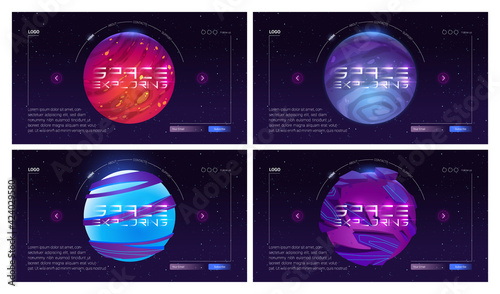 Galaxy travel cartoon landing page with planets in outer space, cosmic objects in dark starry sky. Cosmos and Universe exploration adventure, scientific trip, futuristic fantasy vector web banner