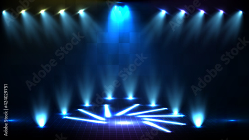 Abstract futuristic blue background of boxing ring stage with beautiful spotlight ray