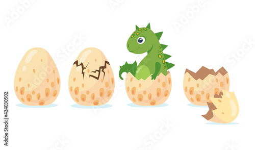 Dino or dragon hatching out of crashing egg. Flat vector illustration. Different birth stages of cute little cartoon dinosaur isolated on white background. Animal, history, dino concept for design
