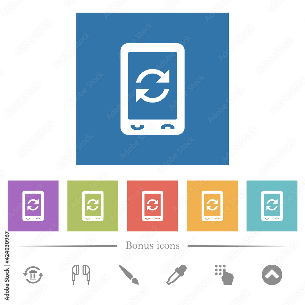 Mobile syncronize flat white icons in square backgrounds