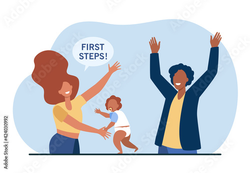 Happy parents watching first steps of baby. Mother, father, child flat vector illustration. Family and parenthood concept for banner, website design or landing web page