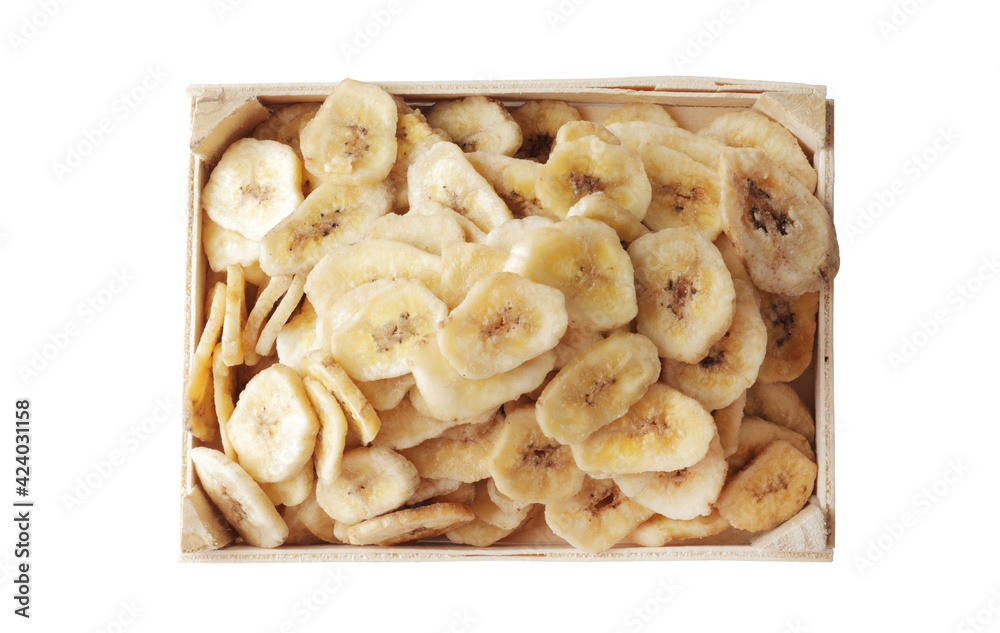 Wooden bowl with sweet banana slices on white background, top view. Dried fruit as healthy snack Wooden bowl with sweet banana slices on white background, top view. Dried fruit as healthy snack