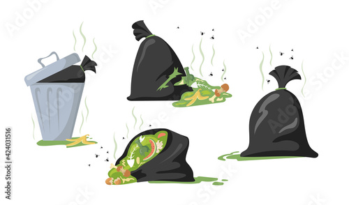 Set of cartoon black bags and dumpsters with trash and garbage. Flat vector illustration. Collection of plastic and food waste in dirty open city dustbin. Environment, pollution, ecology concept