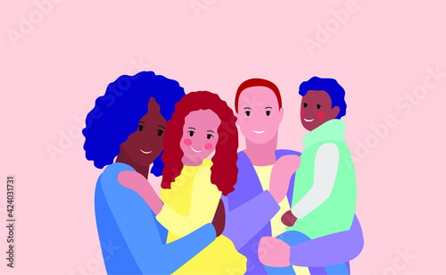 A multi-ethnic and multiracial happy family. Parents and children of different races. Mom, dad, son and daughter are posing together.