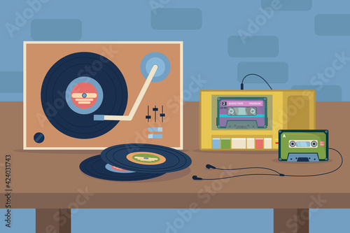 Vinyl and cassette players with earphones on table illustration. Old retro ways of listening to music on tapes and vinyl records. Nostalgia, retro technology design, vintage concept