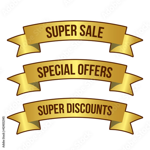 Super Sale label, Super Discounts label, Special Offers tags, Super Sale and Special offer Banners, gold ribbon Vector illustration 