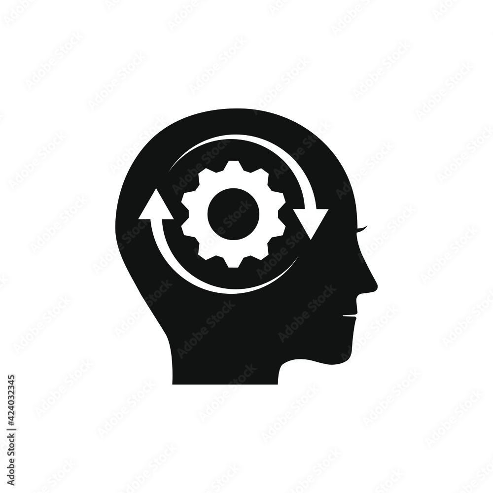 Human head with gear and circular arrow. Adaptation, processing idea icon concept isolated on white background. Vector illustration Human head with gear and circular arrow. Adaptation, processing idea icon concept isolated on white background. Vector illustration