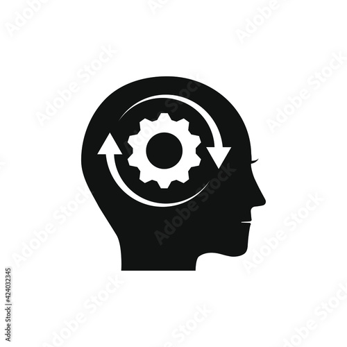 Human head with gear and circular arrow. Adaptation, processing idea icon concept isolated on white background. Vector illustration
